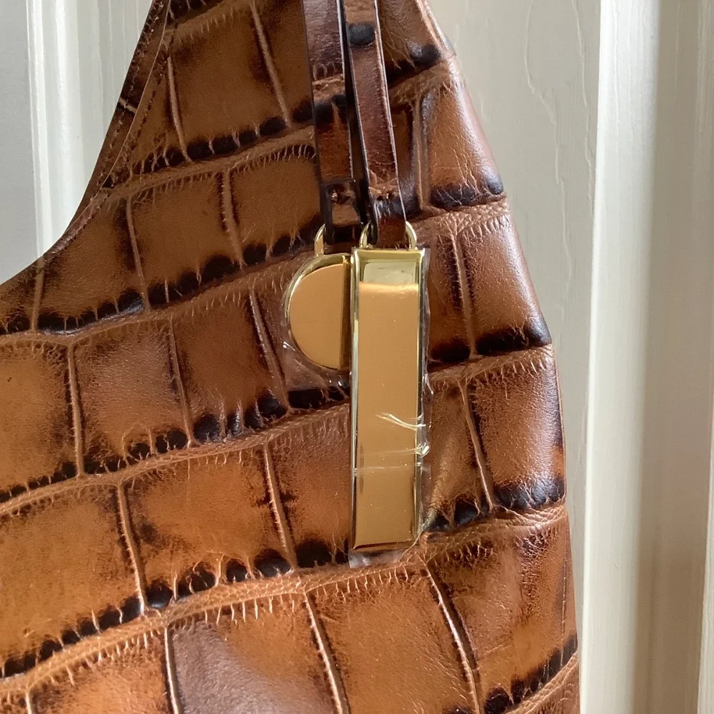 G.I.L.I. Leather North/South Hobo Bag Tote Brown Croc SZ Large